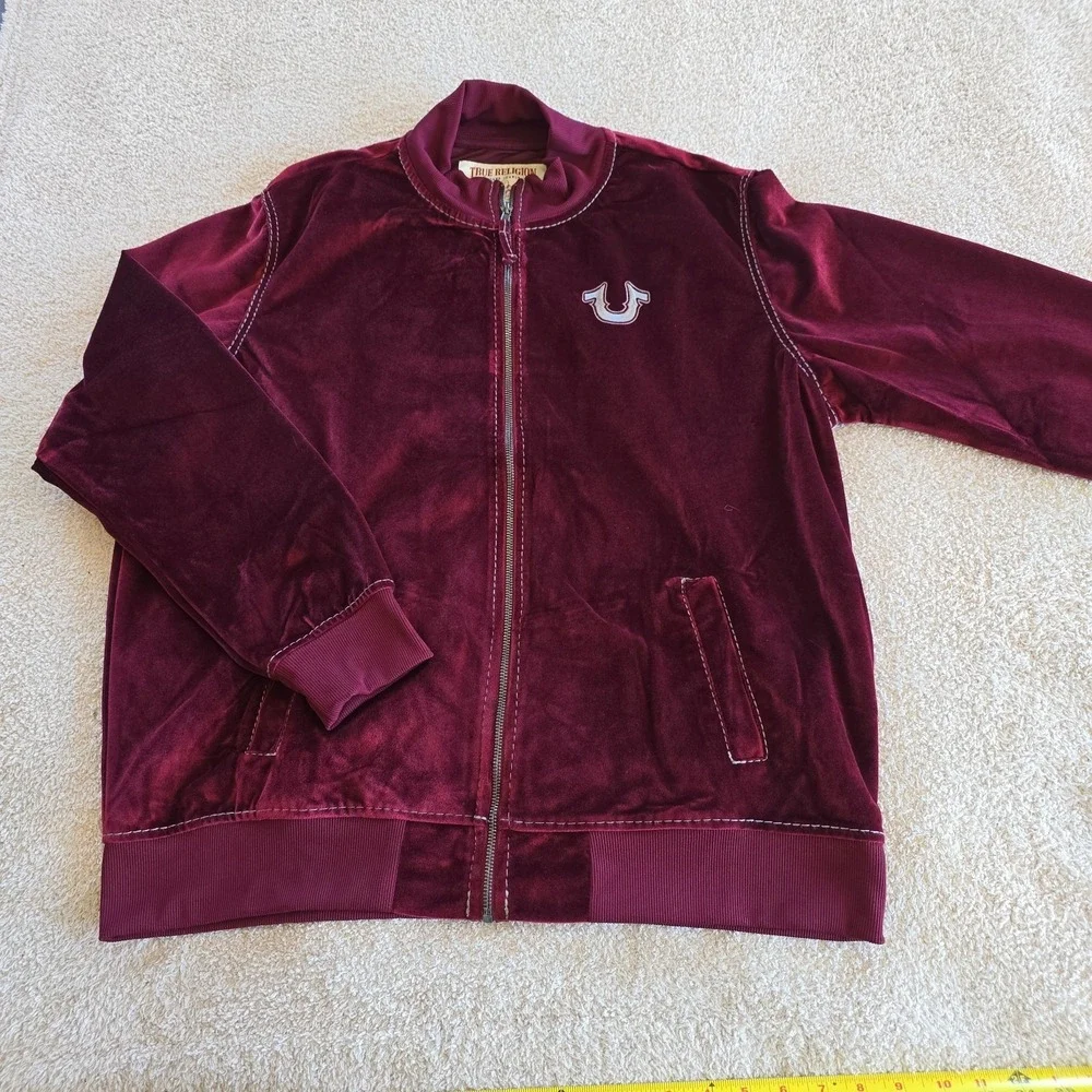 True Religion Jacket Men's S Burgundy Velvet Big T Mock Zip Up Broadway Gunmetal